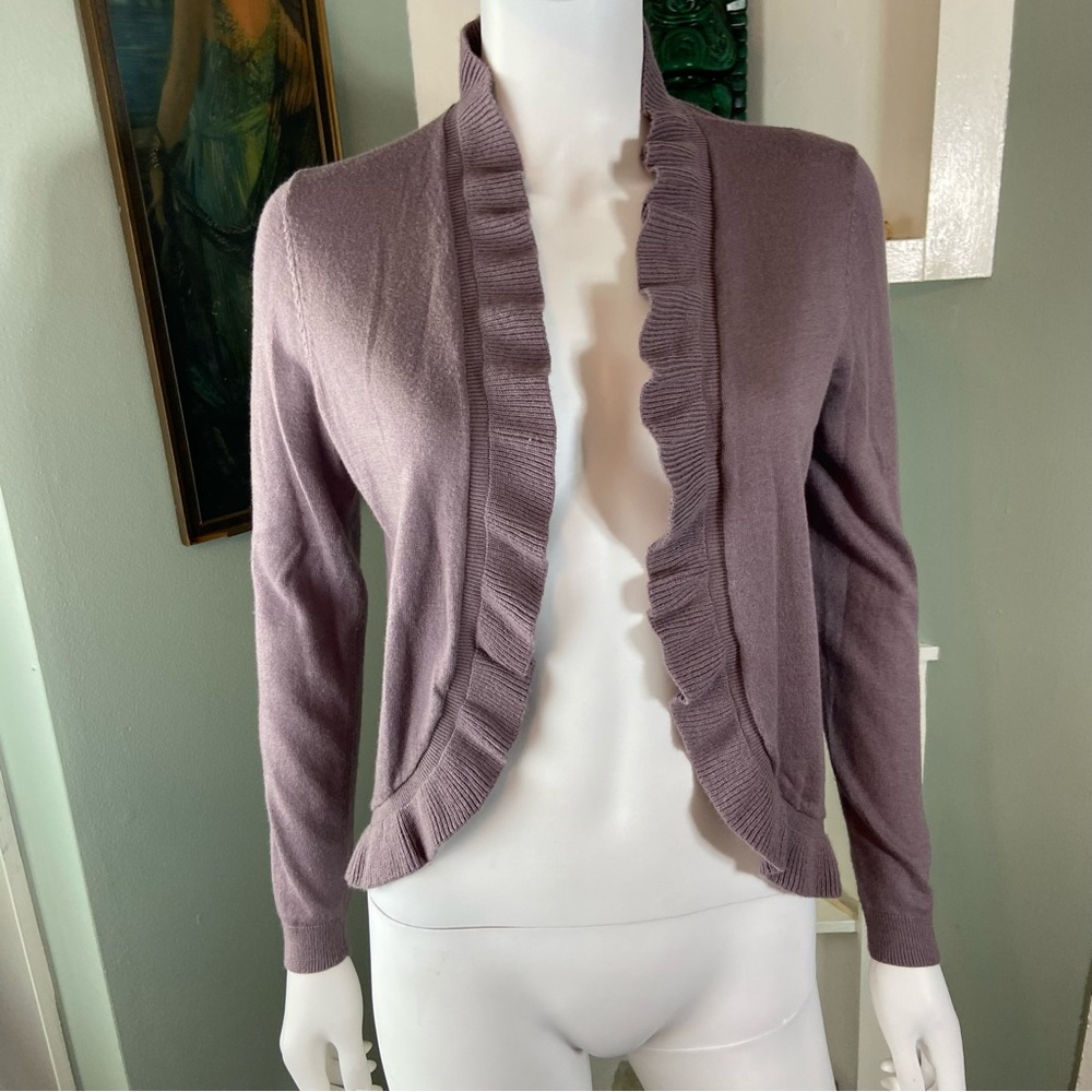 3/$12 Loft XSmall soft merino wool blend Ruffled Cardigan Sweater XS purple